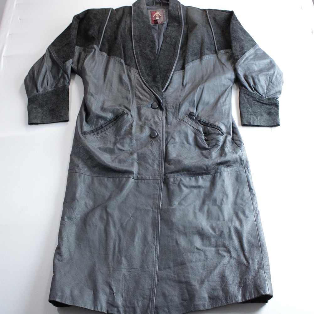 Vintage G-III Black Leather Trench Coat Paisley Embossed Suede Trim Womens L